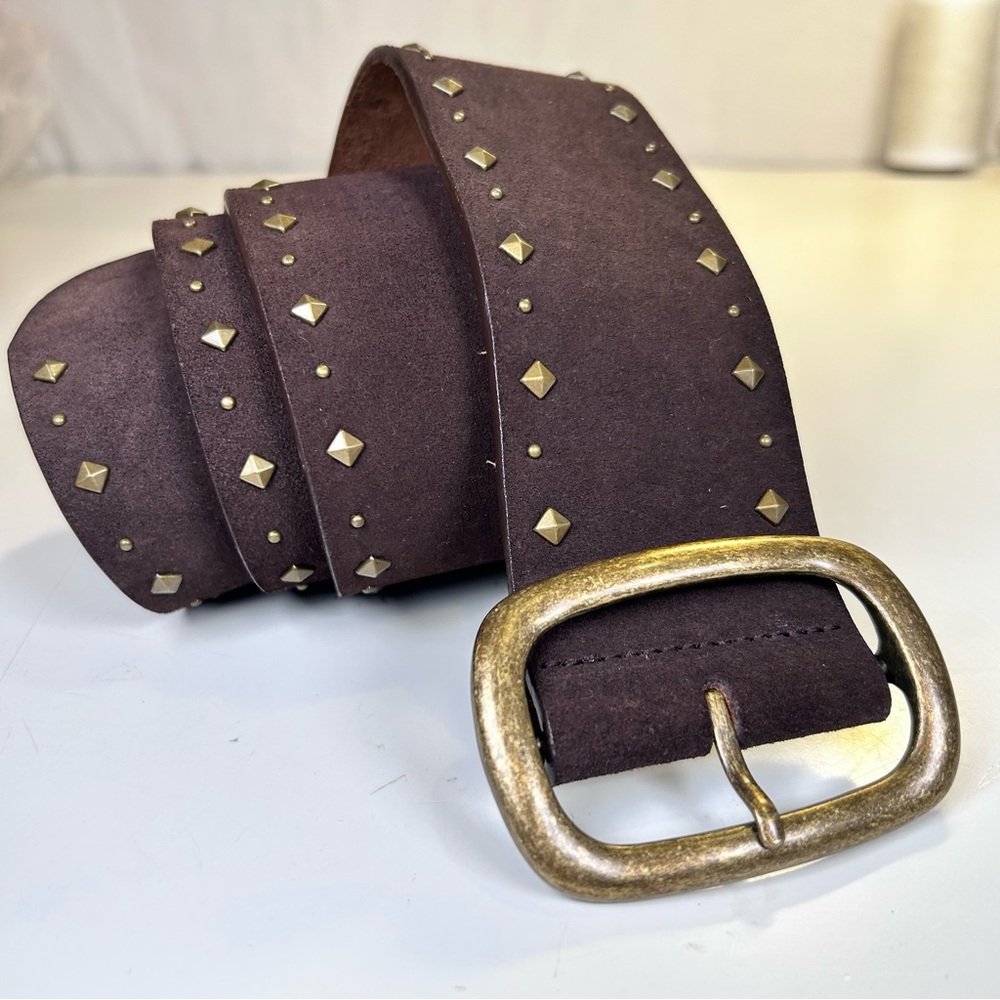 Vintage Fossil Brown Suede Wide Waist Belt Brass Studs & Buckle 90’s Boho. M